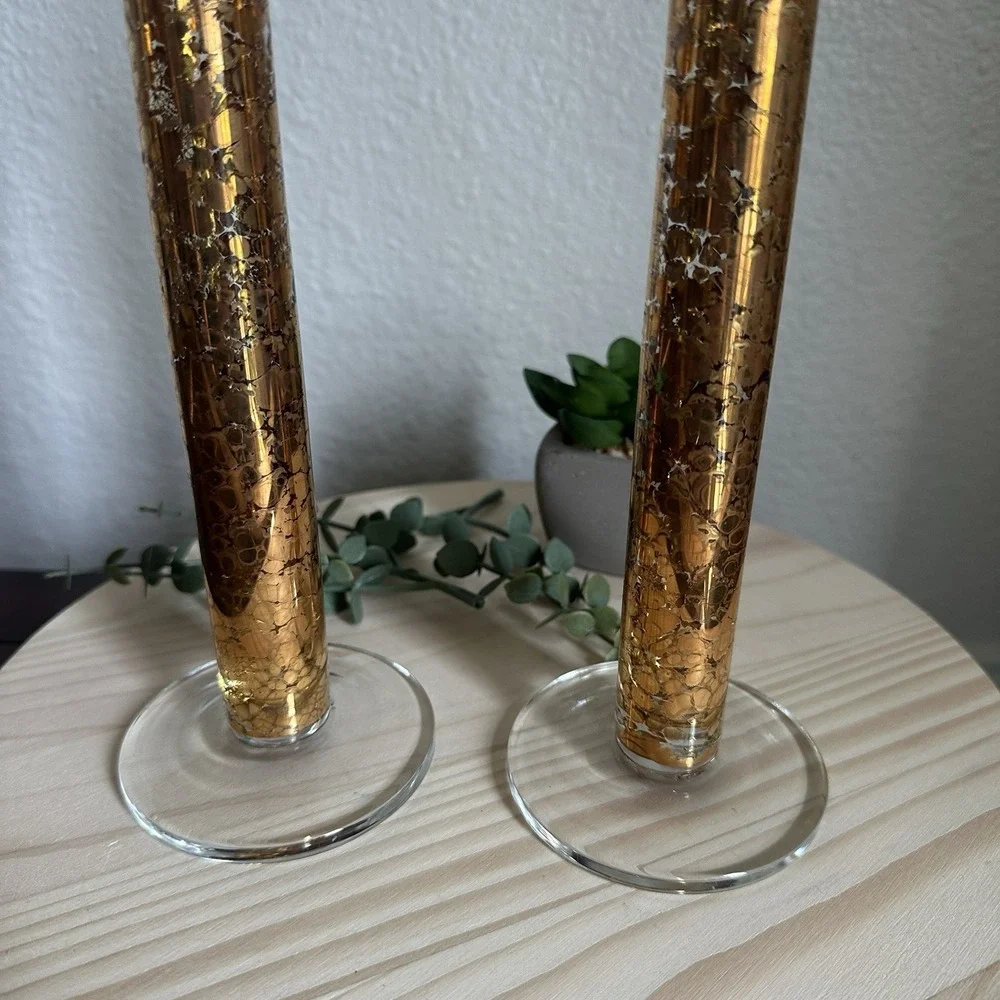 VTG Mid Century Candlestick Holders‎ 11.5 Inch Gold Clear Crackle Glass Decor